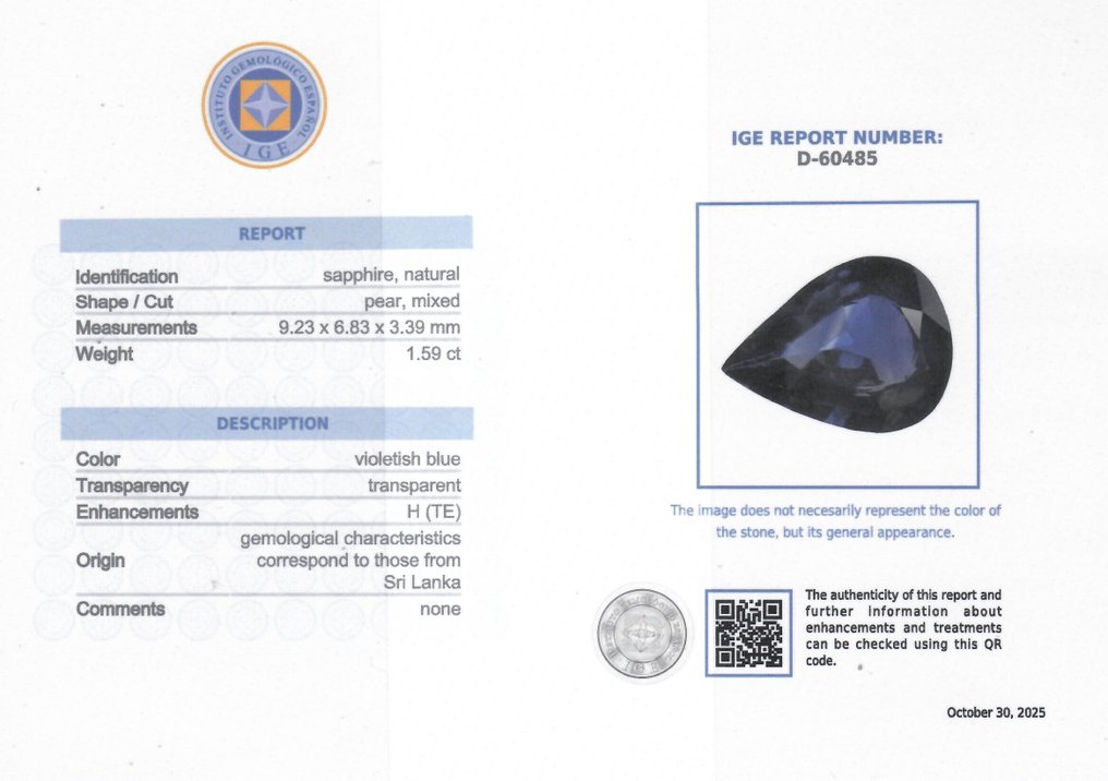蓝色 蓝宝石  - 1.59 ct - 西班牙宝石学院（IGE） - 无残留的加热 #2.1