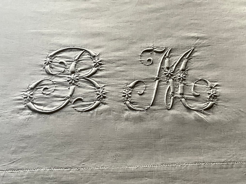 Early XXth C. Linen bed linen with large M.B. initials. - Textile  - 3.6 m - 2.45 m #4.3