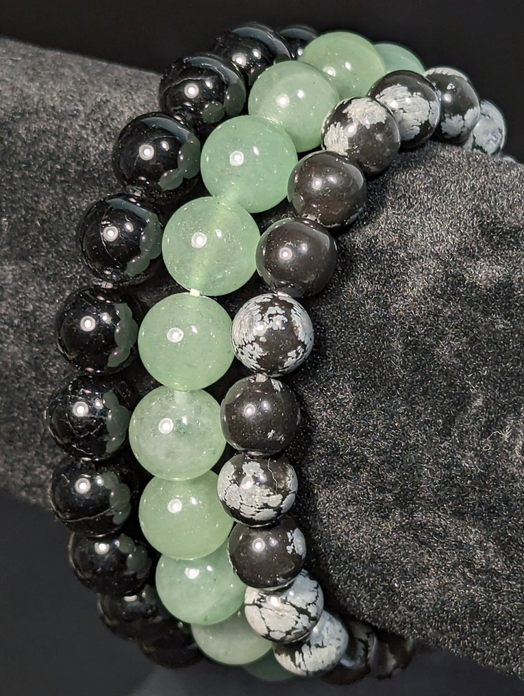 3 braccialetti a sfera di Obsidian Snowflake, Tourmaline Nera e Aventurina, bellissimi. Sfera - Altezza: 10 mm - Larghezza: 8 mm- 81 g - (3) #1.0