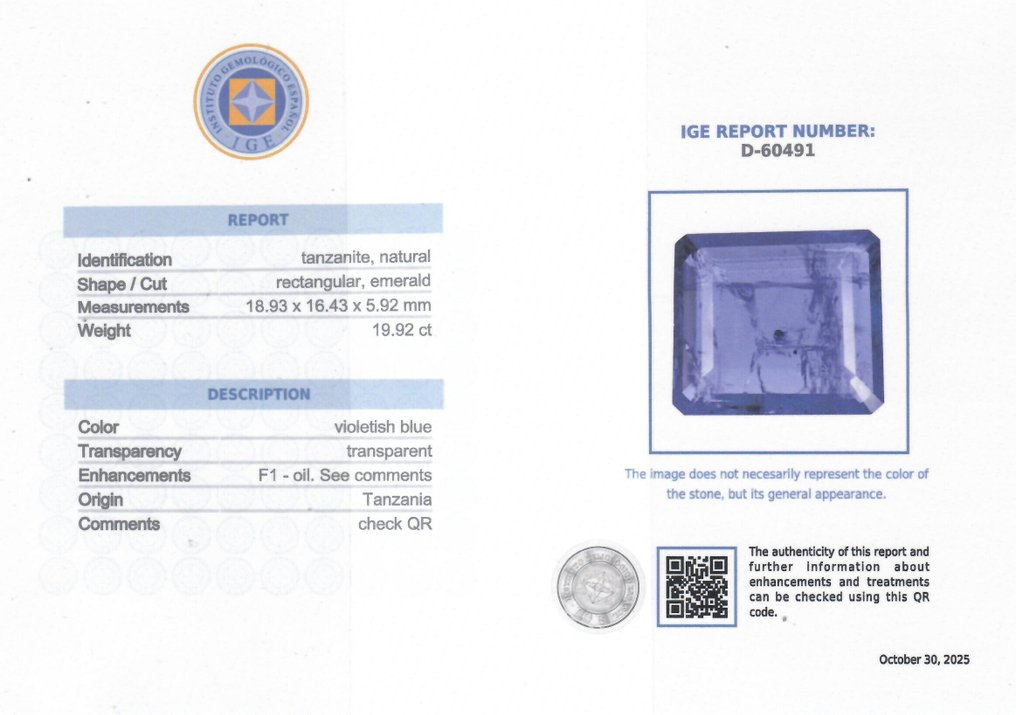 1 pcs Μπλε, Βιολετί Τανζανίτης - 19.92 ct - Instituto Gemólogico Español (IGE) #2.1