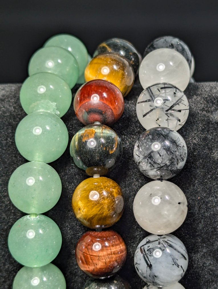 3款美丽的虎睛石、牛眼石、鹰眼石、碧玺石英、绿玛瑙球形手链。 球体 - 高度: 10 mm- 94 g - (3) #2.1