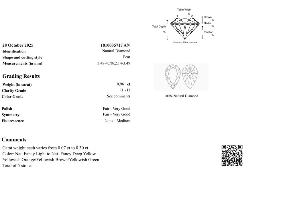 沒有保留價 - 5 pcs 鑽石  (天然)  - 0.96 ct - 梨形 - I1, I2, I3 - Gem Report Antwerp (GRA) #3.2