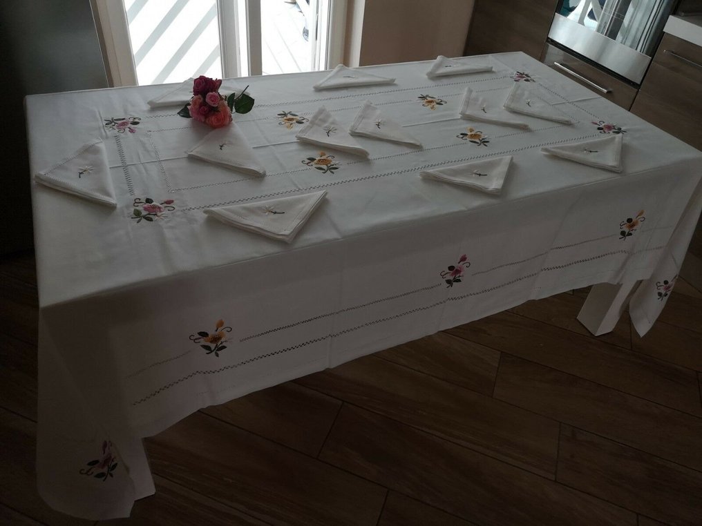 Tovaglia ricamata a mano in misto lino 12 posti ricamo tablecloth handmade - Tablecloth - 270 cm - 175 cm #3.2