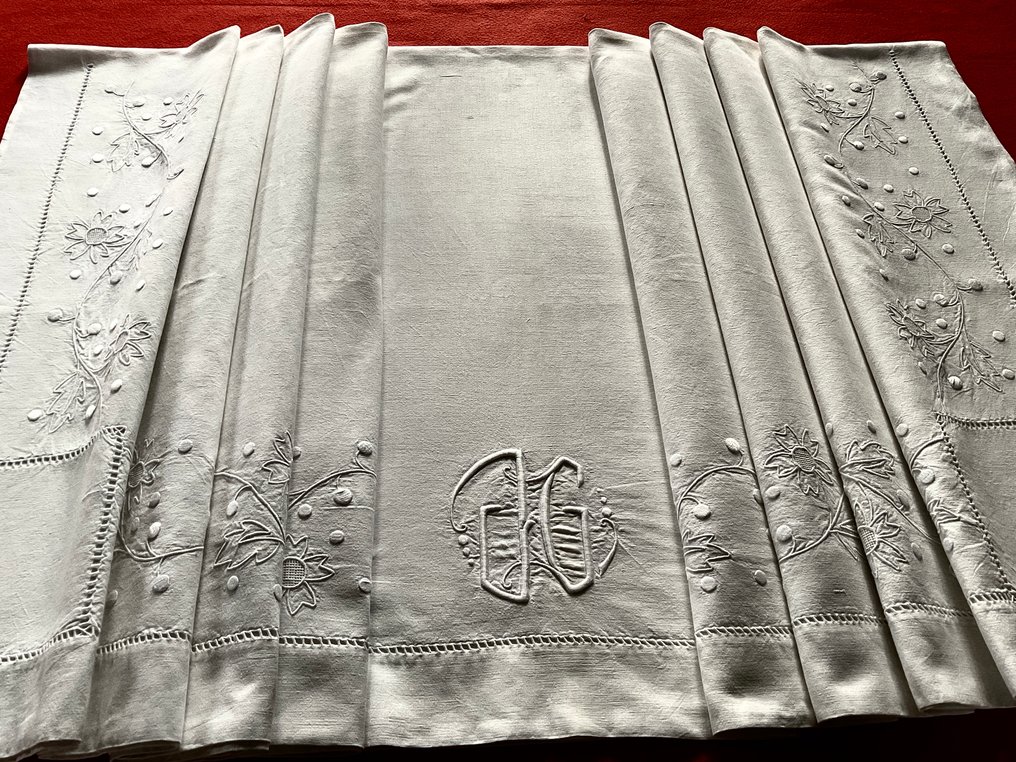 Circa 1930 linen bed linen with J.G. initials - Textile - 3.2 m - 2.2 m #1.0