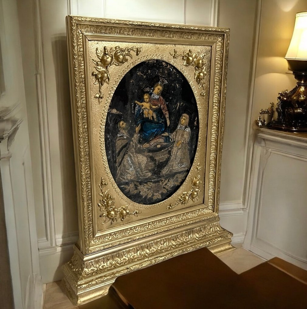 祈祷画 - 圣母与圣婴及两位多明我会圣人 - 95厘米 - 木, 玻璃, 金叶 - 银叶 - 19世纪 #1.0