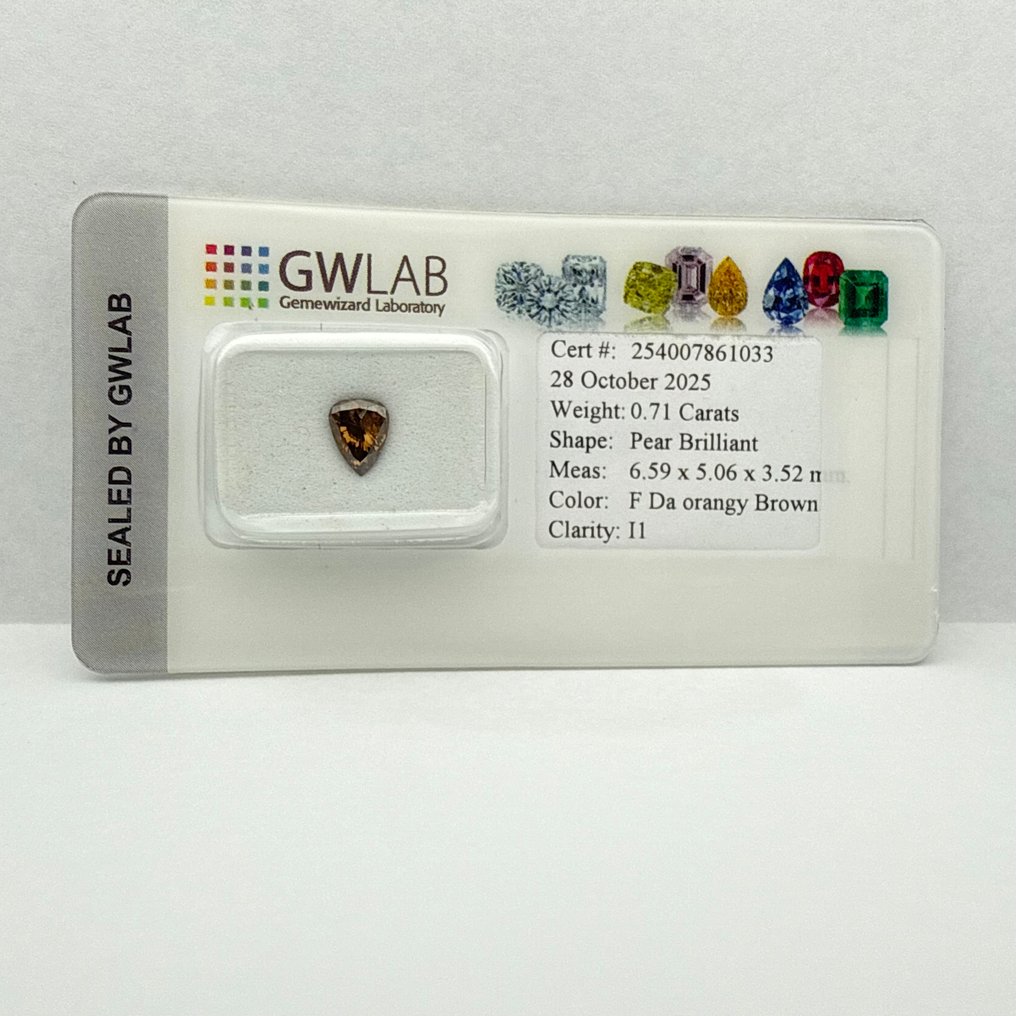 χωρίς τιμή ασφαλείας - 1 pcs Διαμάντι  (Φυσικού χρώματος)  - 0.71 ct - Αχλάδι - Fancy dark Απαλό πορτοκαλί Καφέ - I1 - Gemewizard Gemological Laboratory (GWLab) #4.3