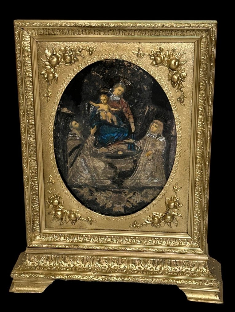 祈祷画 - 圣母与圣婴及两位多明我会圣人 - 95厘米 - 木, 玻璃, 金叶 - 银叶 - 19世纪 #1.0