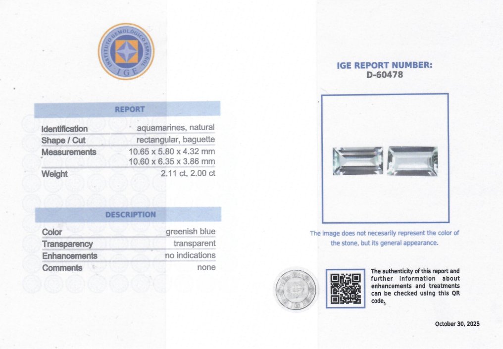 2 pcs  蓝色 海蓝宝石  - 4.11 ct - 西班牙宝石学院（IGE） - 无治疗 #2.1