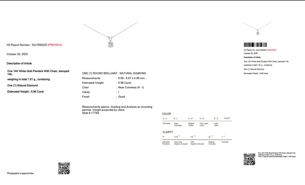 Colar com pingente - 14 K Ouro branco -  0.96ct. tw. Diamante (Natural) - IGI #2.1