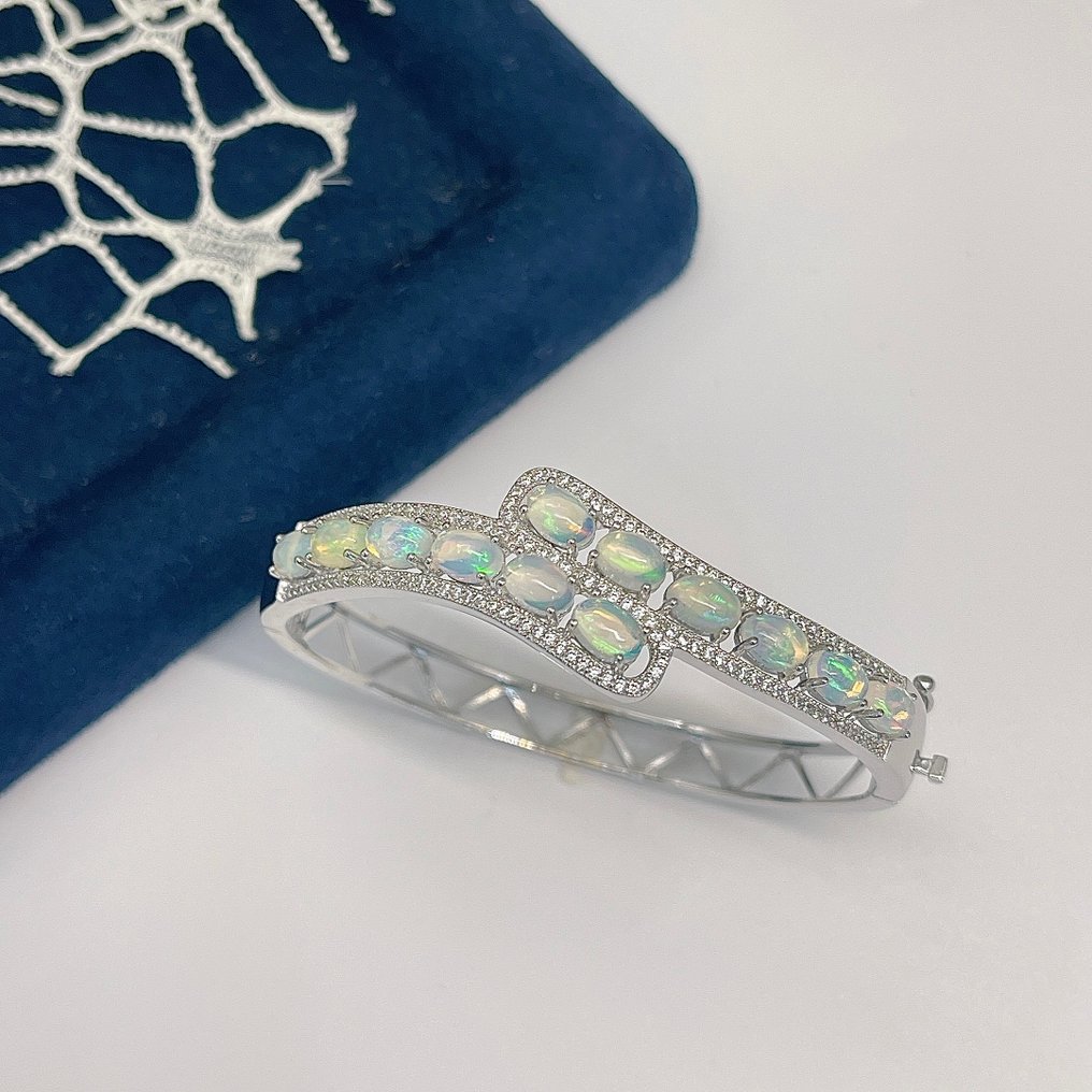 手工925银手镯，镶嵌4.3克拉天然埃塞俄比亚欧泊 - 18厘米- 15 g - (1) #2.1
