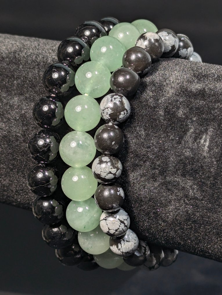 3 braccialetti a sfera di Obsidian Snowflake, Tourmaline Nera e Aventurina, bellissimi. Sfera - Altezza: 10 mm - Larghezza: 8 mm- 81 g - (3) #3.2