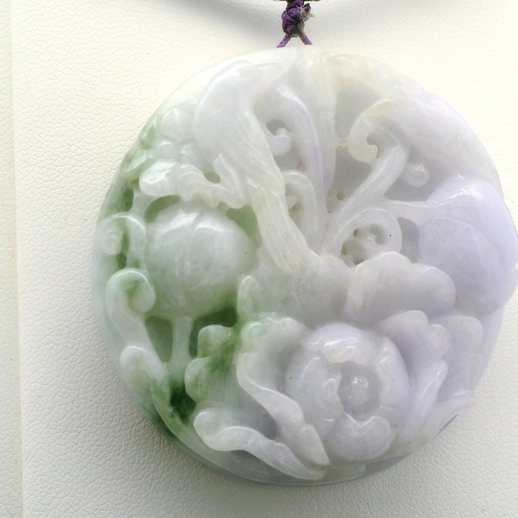 玉 - 认证天然翡翠吊坠——薰衣草绿,带有花卉与鸟类图案 - 吊坠项链 #2.1