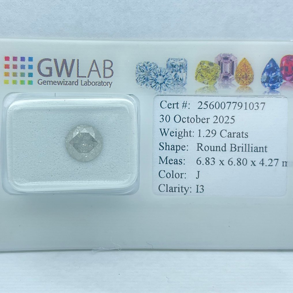 No Reserve Price - 1 pcs Diamond  (Natural)  - 1.29 ct - Round - J - I3 - Gemewizard Gemological Laboratory (GWLab) #1.0