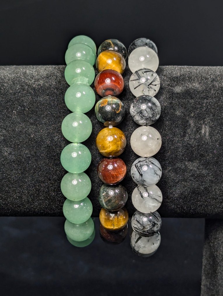 3款美丽的虎睛石、牛眼石、鹰眼石、碧玺石英、绿玛瑙球形手链。 球体 - 高度: 10 mm- 94 g - (3) #1.0