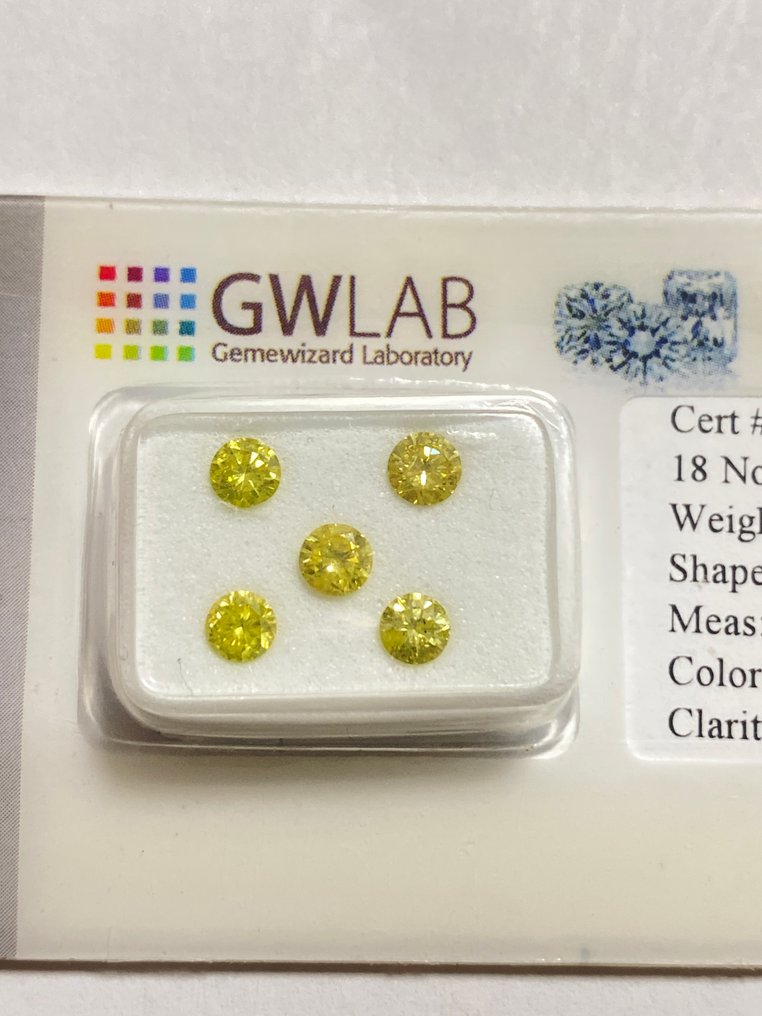 没有保留价 - 5 pcs 钻石  (经彩色处理)  - 1.02 ct - 圆形 黄色 - SI2 微内三含级, I1 内含一级 - Gemewizard宝石实验室（GWLab） #1.0