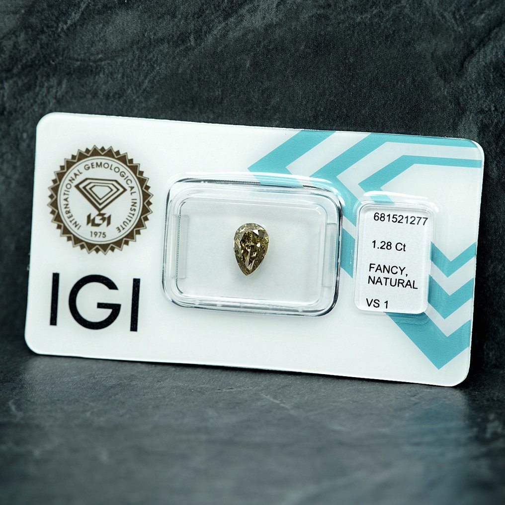 1 pcs Diamant (Naturfarvet) - 1.28 ct - Pære - Fancy Grålig Gul - VS1 - International Gemological Institute (IGI) #1.0