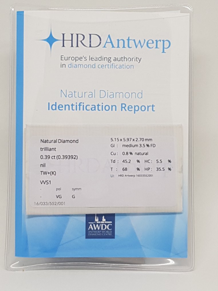 1 pcs Diamond  (Natural)  - 0.39 ct - Triangle - K - VVS1 - HRD Antwerp #1.0
