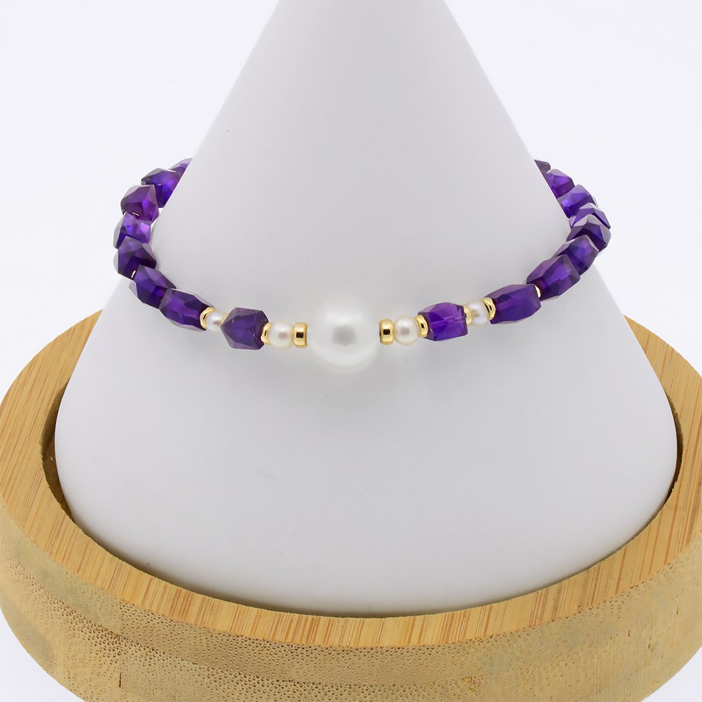 没有保留价 - 手镯 - 18K包金 黄金 珍珠 - 紫水晶 #1.0