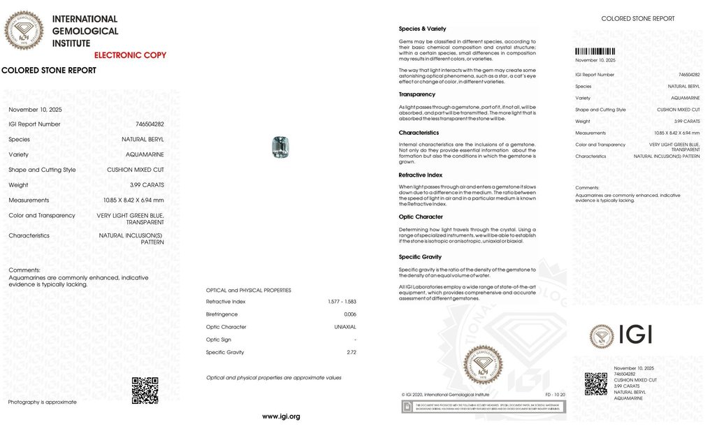 Nincs minimálár - 1 pcs Zöld, Kék Akvamarin - 3.99 ct - Nemzetközi Gemmológiai Intézet (IGI) #2.1