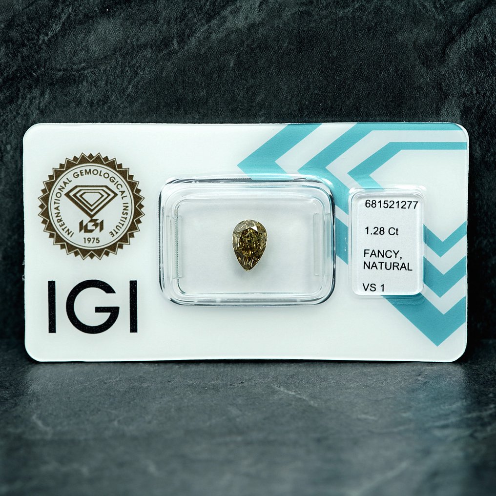 1 pcs Diamant (Naturfarvet) - 1.28 ct - Pære - Fancy Grålig Gul - VS1 - International Gemological Institute (IGI) #2.1