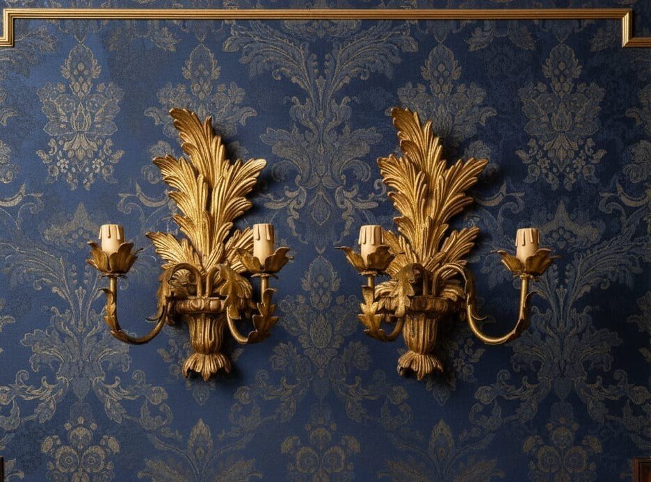 壁式燭台 - 木 - 一对壁灯“金叶” - 双光 #3.2