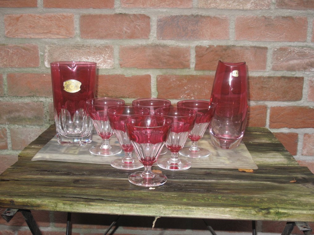 Val Saint Lambert - 酒杯 (8) - 水晶 - 6个杯子+倒入+花瓶 #1.0