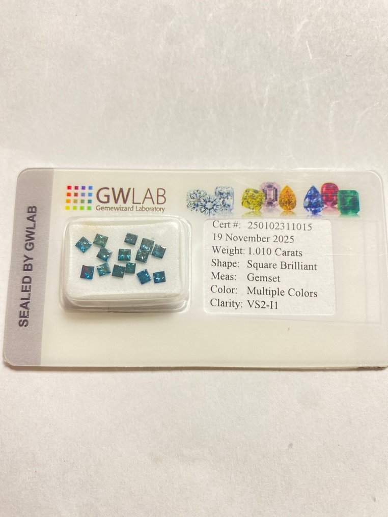 Ingen mindstepris - 14 pcs Diamant  (Farvebehandlet)  - 1.01 ct - Kvadrat Blå, Grøn - VS2, I1 - Gemewizard Gemological Laboratory (GWLab) #1.0