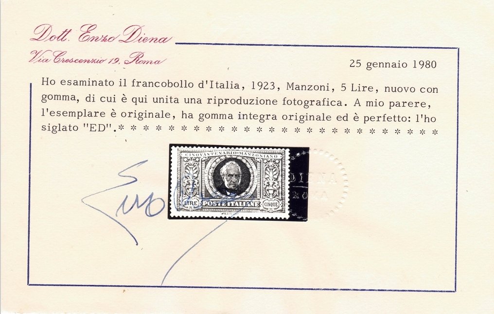 Ιταλία Βασίλειο 1923 - 5 Lire «Cinquantenario Manzoniano», νέο MNH με Πιστοποιητικό Enzo Diena – Sassone 156 – Από #1.0