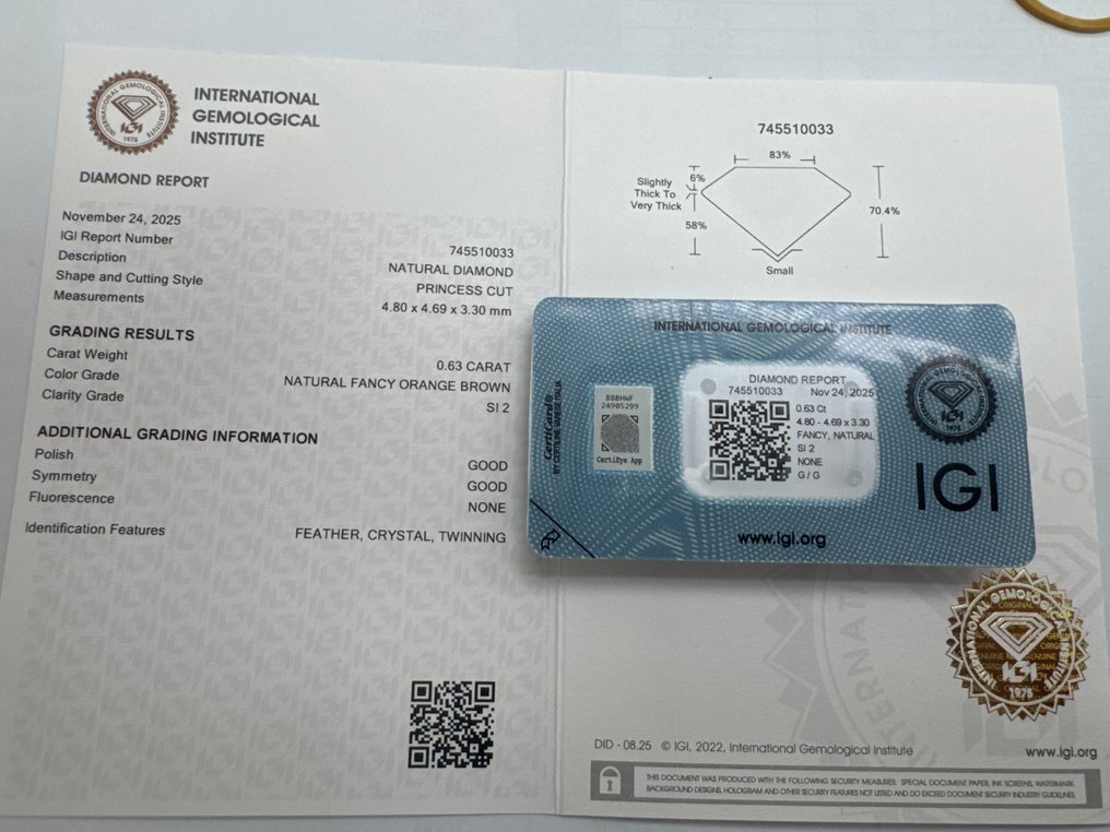 没有保留价 - 1 pcs 钻石 (天然色彩的) - 0.63 ct - Fancy 橙色, 棕色 - SI2 微内含二级 - 国际宝石研究院(IGI) #3.2