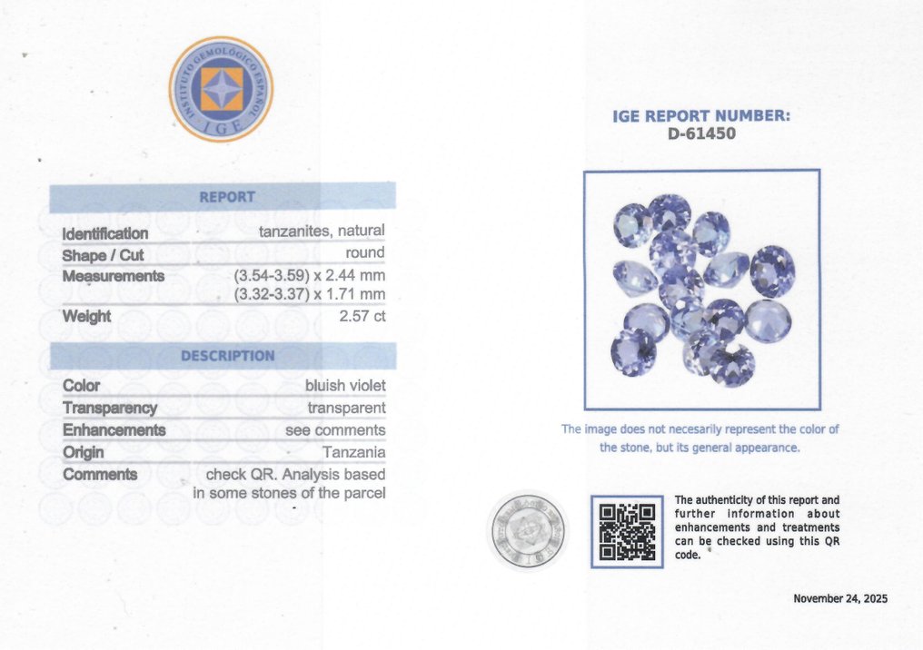 15 pcs  紫罗兰色 坦桑石  - 2.57 ct - 西班牙宝石学院（IGE） #2.1