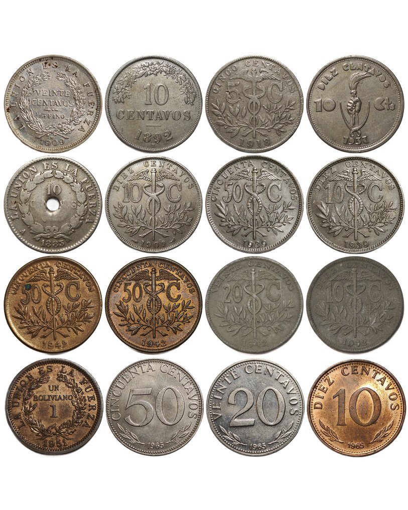 玻利维亚. lot of 16 coins, including silver 20 Centavos 1909 in scarce condition.  (没有保留价) #1.0
