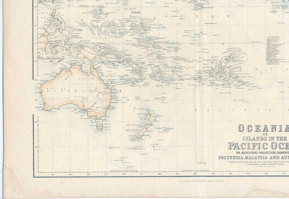 Vereinigtes Königreich - Pazifik Polynesien Malaysia Australien; J. Hugh Johnson / A. Fullarton & Co London and Edinburgh - Oceania, or Islands in the Pacific Ocean, On Mercators Projection, Comprising Polynesia, Malaysia an - 1861-1880 #3.2
