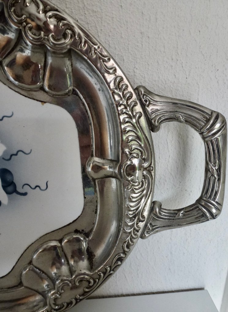 Διακοσμητικός δίσκος - Ασημένια περιθώρια - Ωοειδές - Γερμανία - Πορσελάνινο κεντρικό κομμάτι #2.1