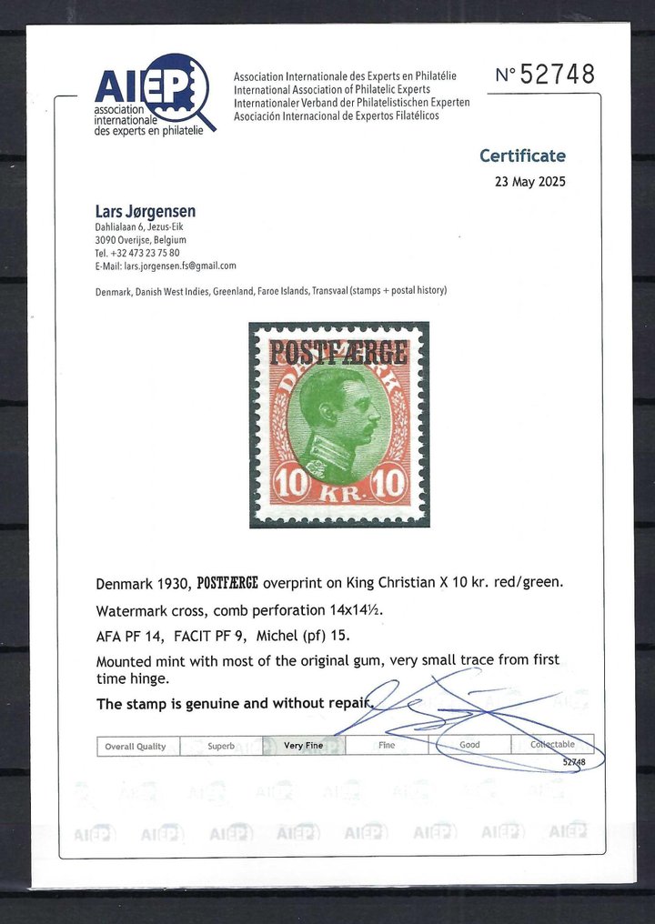 Danemarca 1930 - POSTFAERGE 10 Kr roșu/verde MNH atest Jorgensen - Michel 15 #2.1