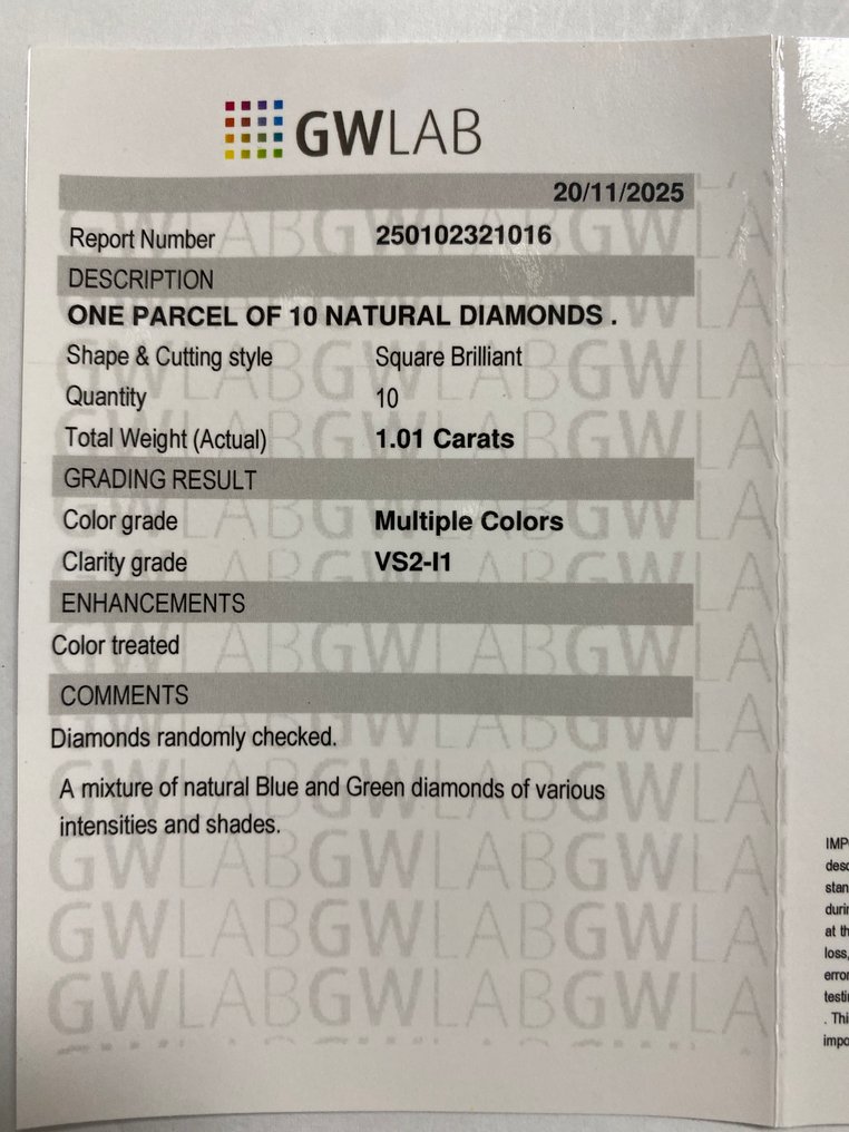 Zonder minimumprijs - 10 pcs Diamant (Kleurbehandeld) - 1.01 ct - Carré Blauw, Groen Blauw, Groen - VS2, P1 - Gemewizard Gemological Laboratory (GWLab) #3.2