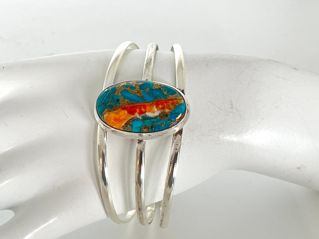 - 银 - 刺猬牡蛎 - 绿松石 - 铜 - 手镯 #1.0