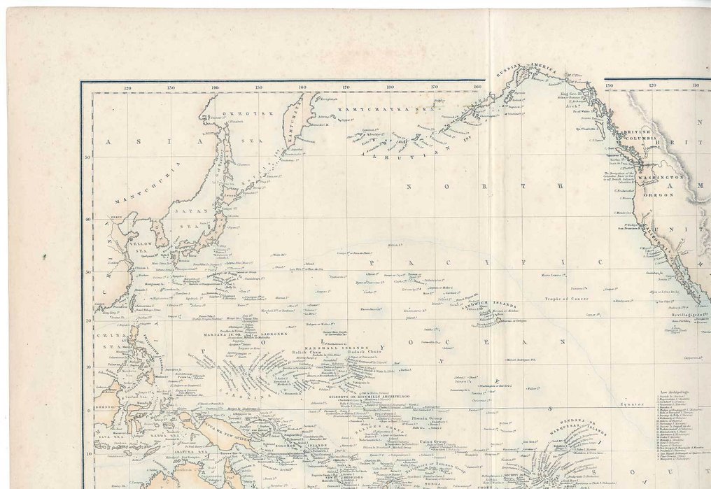 Vereinigtes Königreich - Pazifik Polynesien Malaysia Australien; J. Hugh Johnson / A. Fullarton & Co London and Edinburgh - Oceania, or Islands in the Pacific Ocean, On Mercators Projection, Comprising Polynesia, Malaysia an - 1861-1880 #1.0