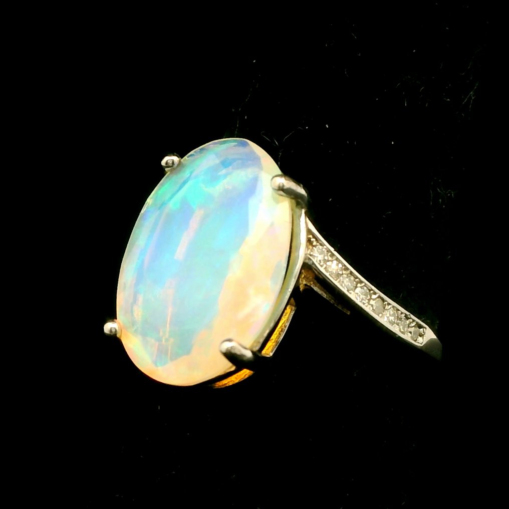Opal - Argint, Inel din argint S925 cu opal de 5,5 ct și diamant – eleganță radiantă a jocului de culori - Inel #4.3