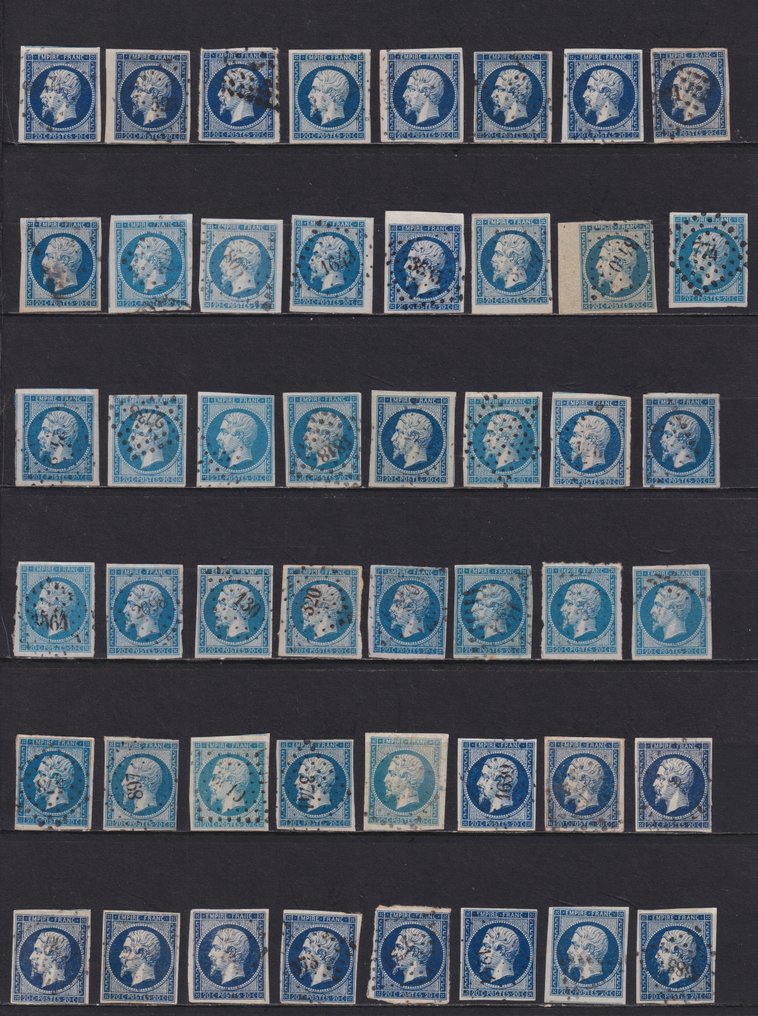 Frankreich 1854 - Packung mit 120 Empire ungezähnt, Nr. 14A und Nr. 14B, mit Post- und Gültigkeitsstempeln sowie in - Yvert #1.0