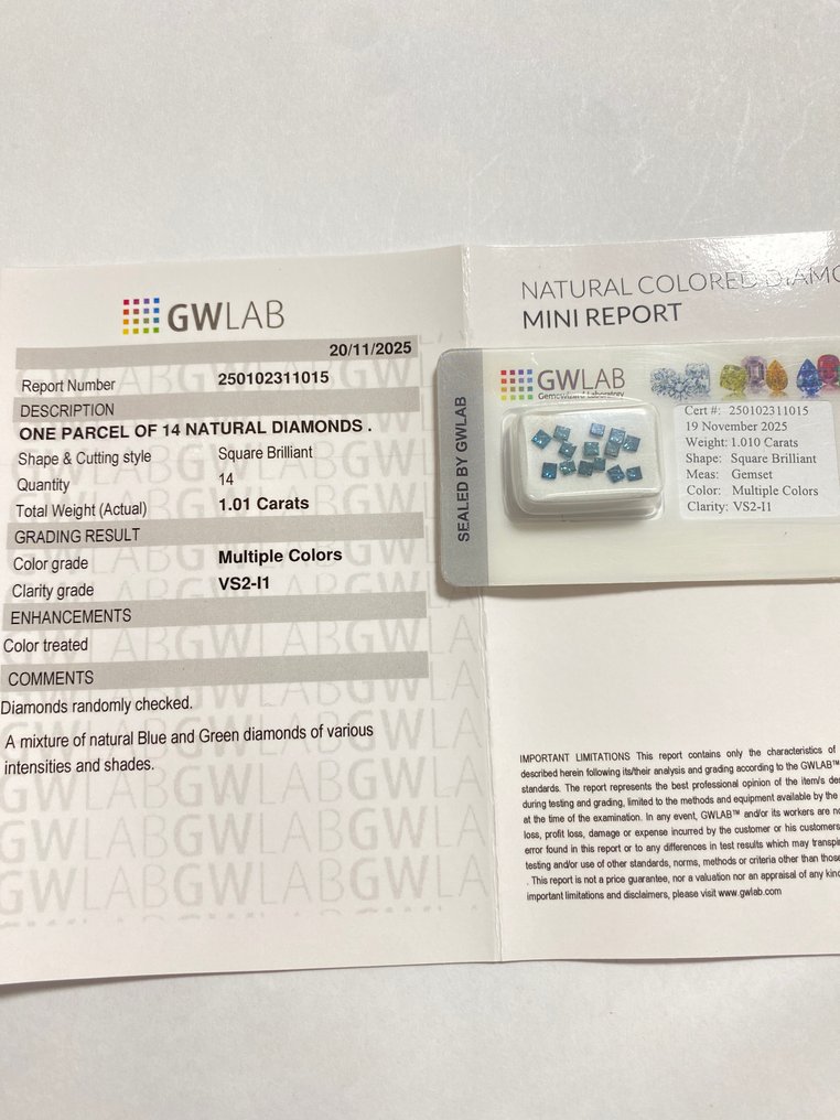Ingen mindstepris - 14 pcs Diamant  (Farvebehandlet)  - 1.01 ct - Kvadrat Blå, Grøn - VS2, I1 - Gemewizard Gemological Laboratory (GWLab) #3.2