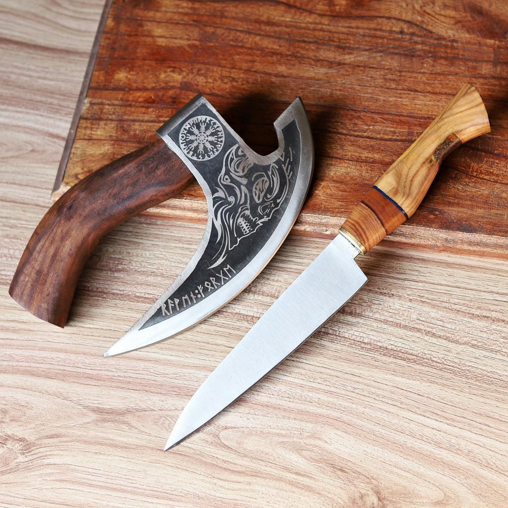 Chef Knife with Pizza Cutter - Couteau de table (2) - Acier, Bois - A77 #1.0