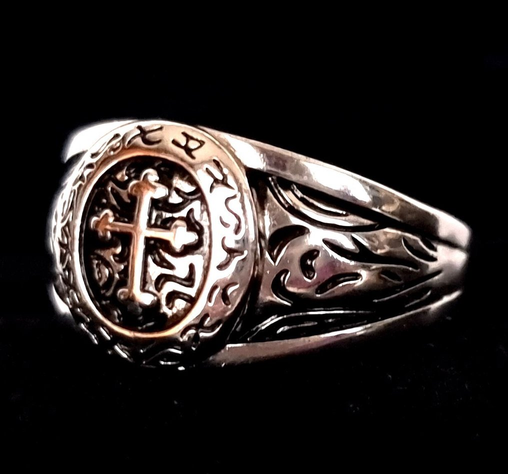 骑士戒指——纹章学与基督教——三叶十字架——圣三位一体——信仰、贵族气质与谦卑。 - 图章戒指 - Argent 925 #2.1
