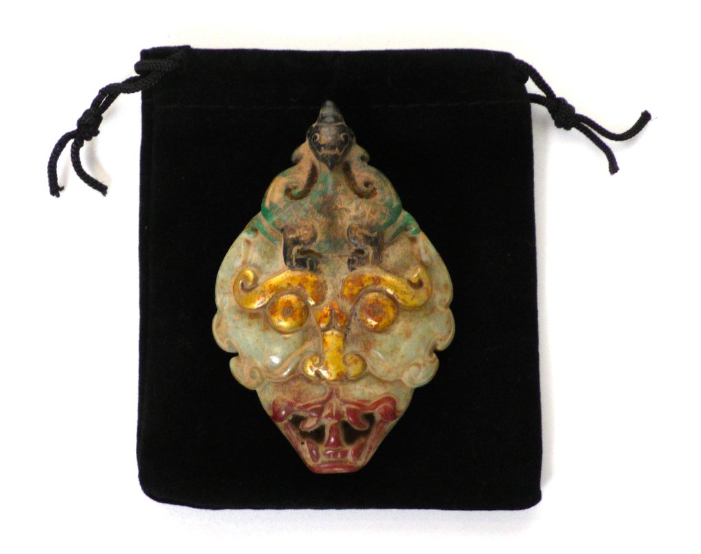 红山文化神祇尼菲瑞特面具，带有凤凰——古董收藏品 - 护身符 #1.0