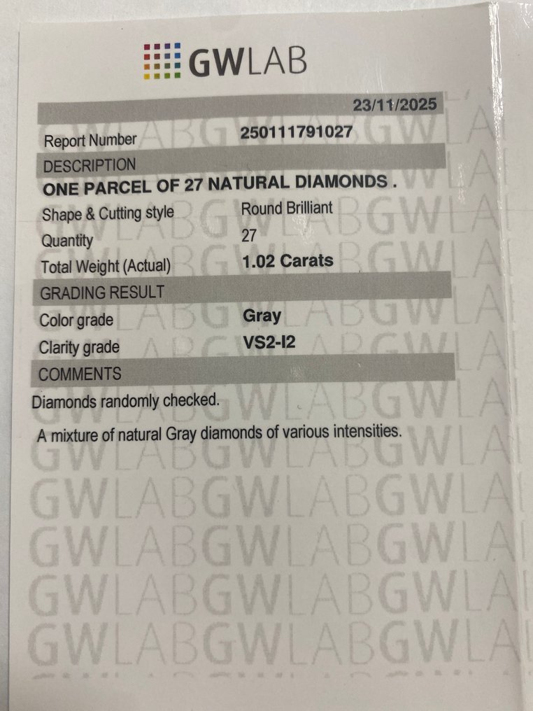 Ohne mindestpreis - 27 pcs Diamant (Natürlich) - 1.02 ct - Rund - VS2, I2 - Gemewizard Gemological Laboratory (GWLab) #3.2