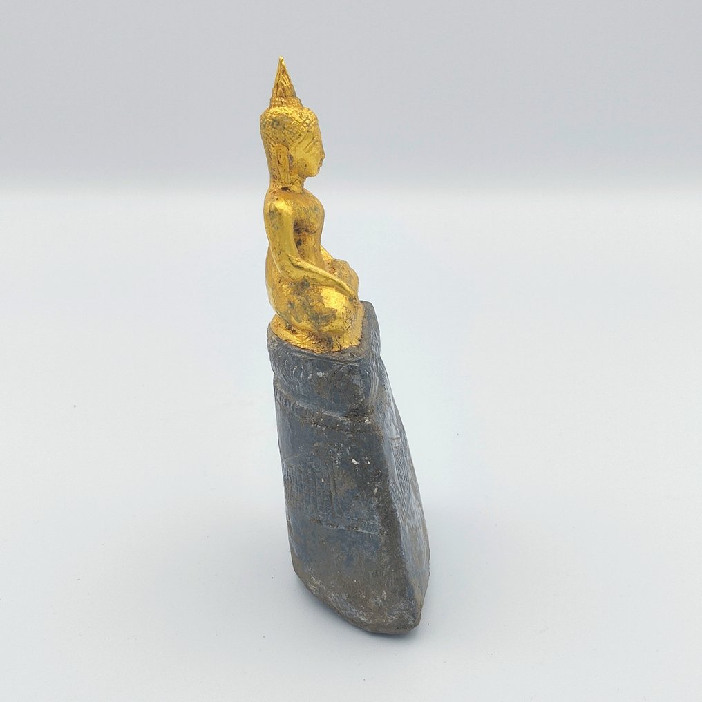 Early Ayuthaya Kingdom Gold (22,45 Karat) and Silver Foiled Terracotta Core Sitting Buddha on Ornated Silver Throne with XRF Test - 134 mm #4.3