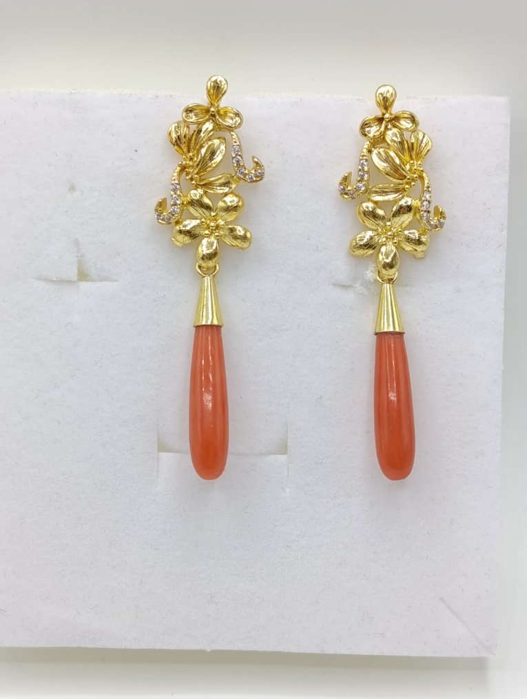 沒有保留價 - 吊式耳環 銀, 鍍金, 撒丁岛珊瑚 - 珊瑚 - 装饰耳环 #2.1