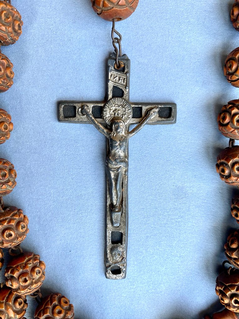 Antique Rosary - Wooden conventual rosary engraved with a metallic crucifix and wooden insert, Italy, early 20th - 1910-1920 - Conventual rosary #1.0