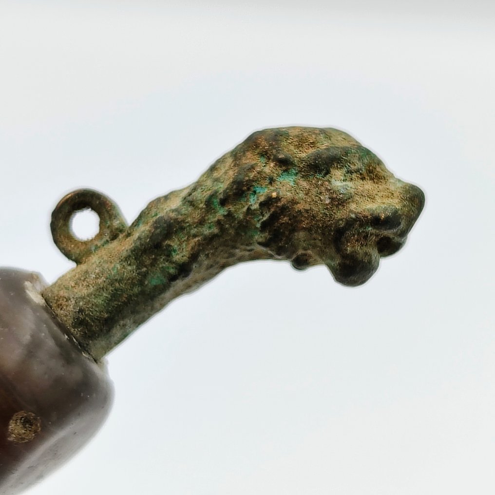 丝绸之路 - 中亚 古董的带纹玛瑙与青铜 珠子护符与虎头 - 64 mm #2.1