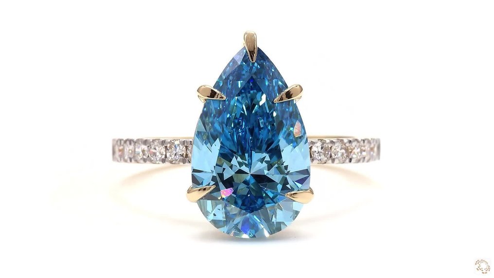 Nincs minimálár - Gyűrű - 18 kt. Sárga arany -  4.39ct. tw. Kék Gyémánt (Laboratóriumban előállított fancy színű gyémánt) - Gyémánt #1.0