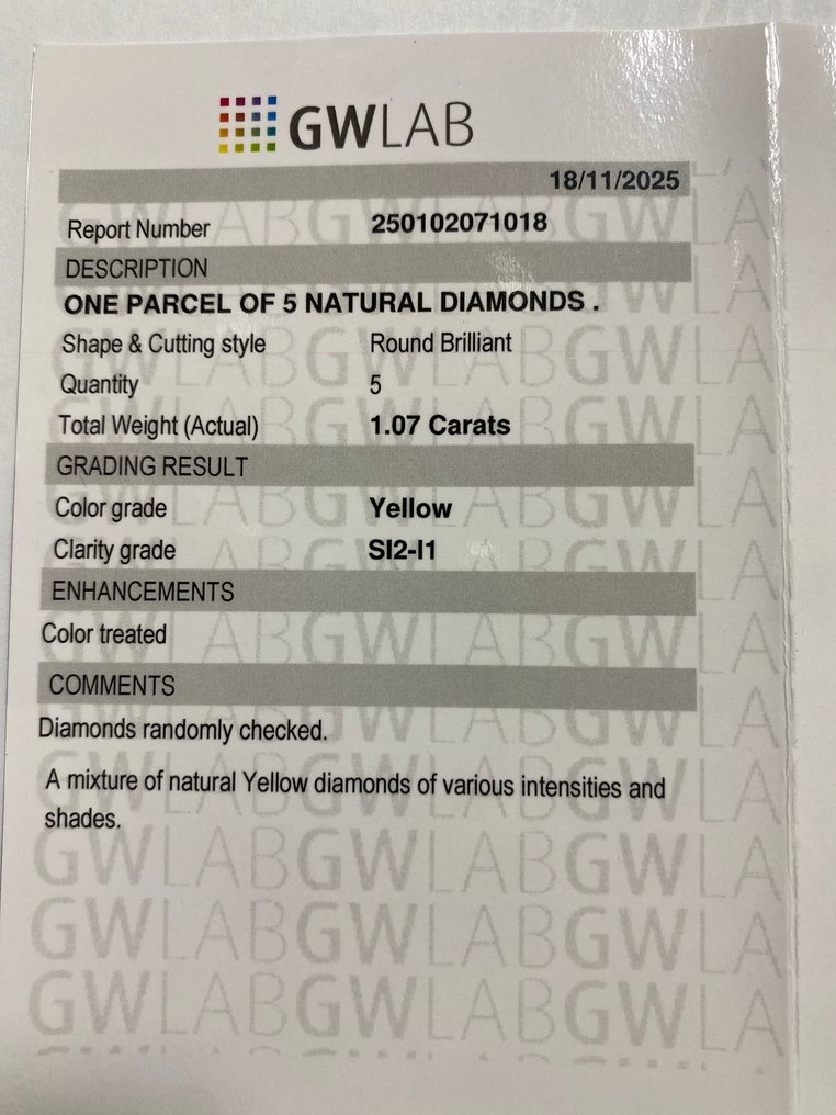 No reserve price - 5 pcs Diamond  (Colour-treated)  - 1.07 ct - Round - SI2, I1 - Gemewizard Gemological Laboratory (GWLab) #3.2